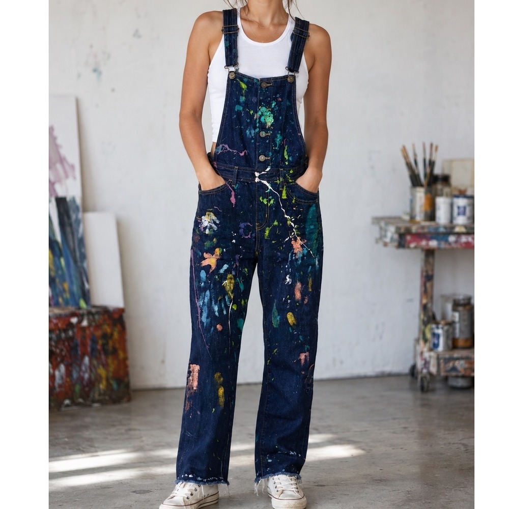 Levis Custom Paint Splatter Denim Overalls Dark Wash Straight Leg Boho a5